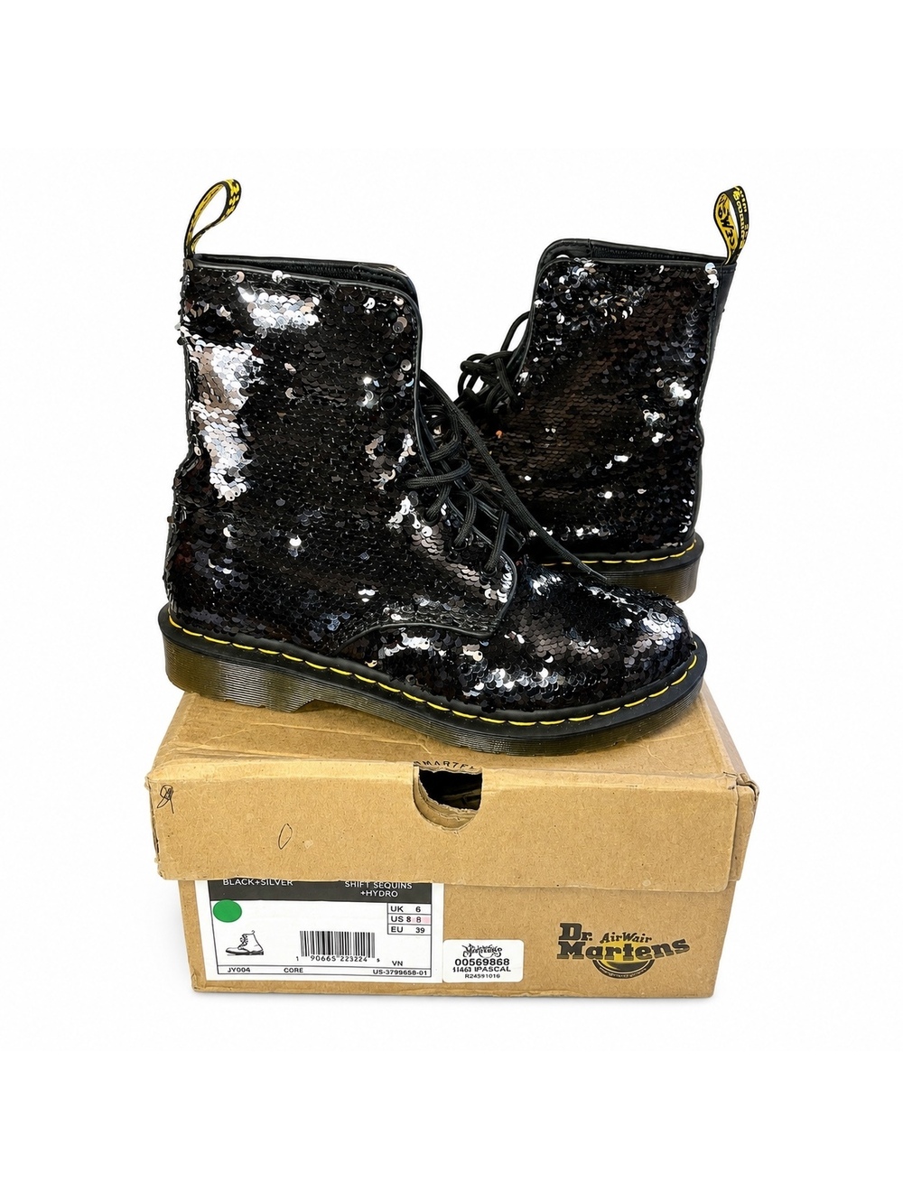 Dr. Martens 1460 Pascal Black/Silver Shift Sequin Boots Size 8